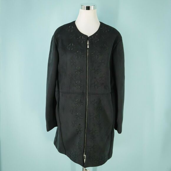 Sfizio 48 Size 10 US Faux Vegan Suede Floral Embroidered Zip Black Long Coat NWT - Picture 1 of 6